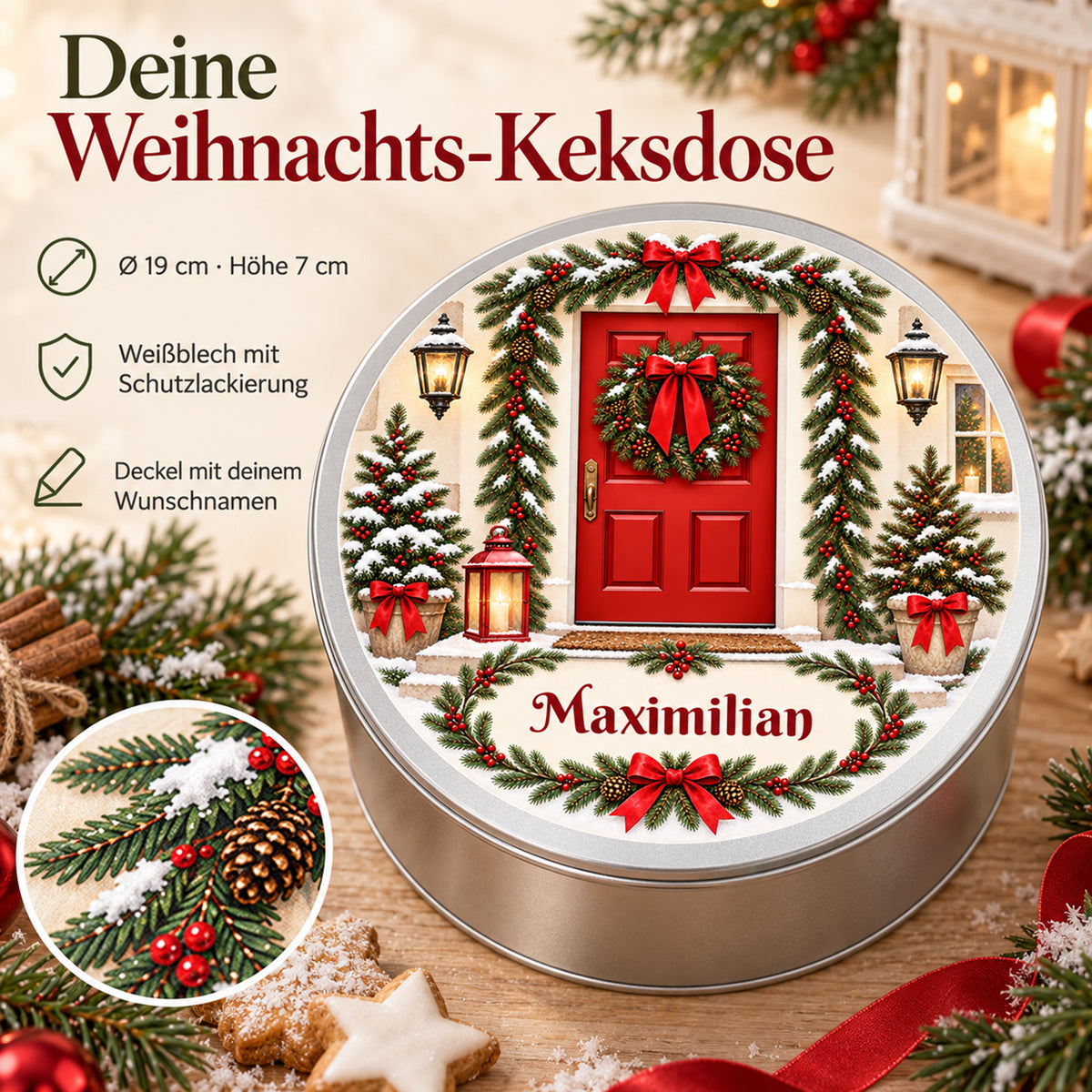 Weihnachts-Keksdose mit geschmückter Haustür und Wunschname – Ansicht 4