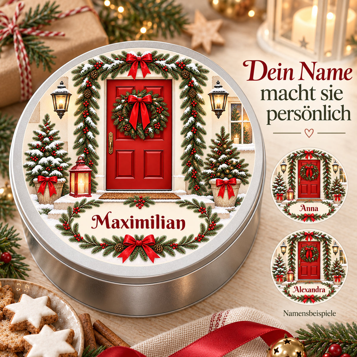 Weihnachts-Keksdose mit geschmückter Haustür und Wunschname – Ansicht 5