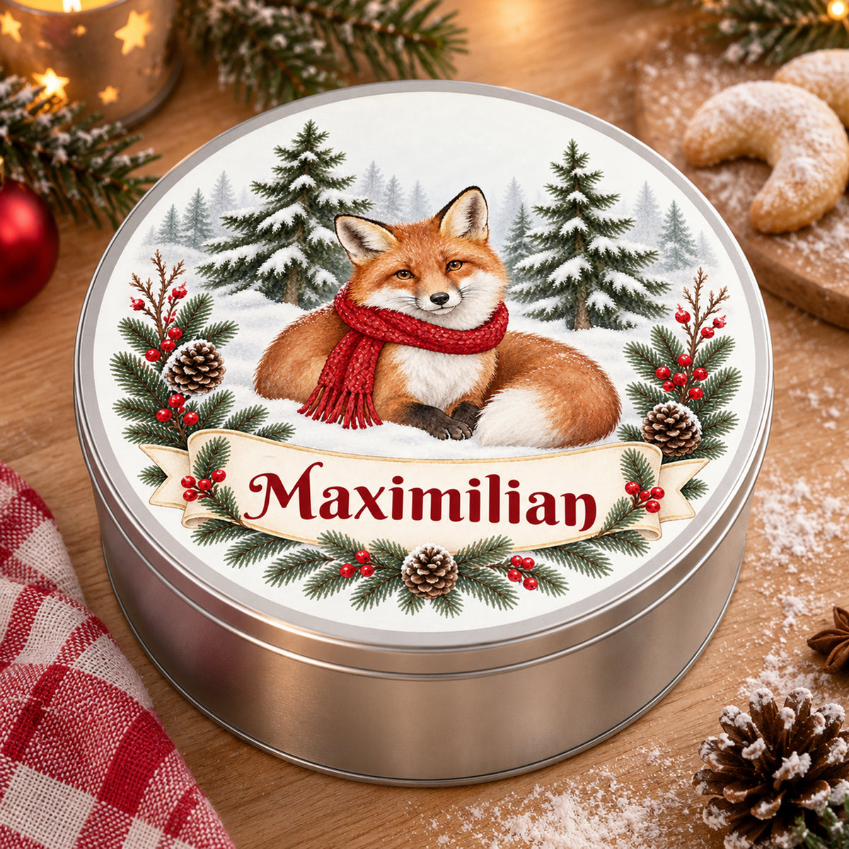 Weihnachts-Keksdose mit Winterfuchs und Wunschname – Ansicht 3