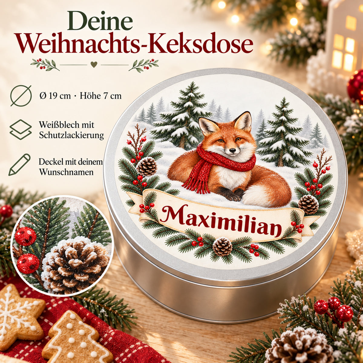 Weihnachts-Keksdose mit Winterfuchs und Wunschname – Ansicht 4