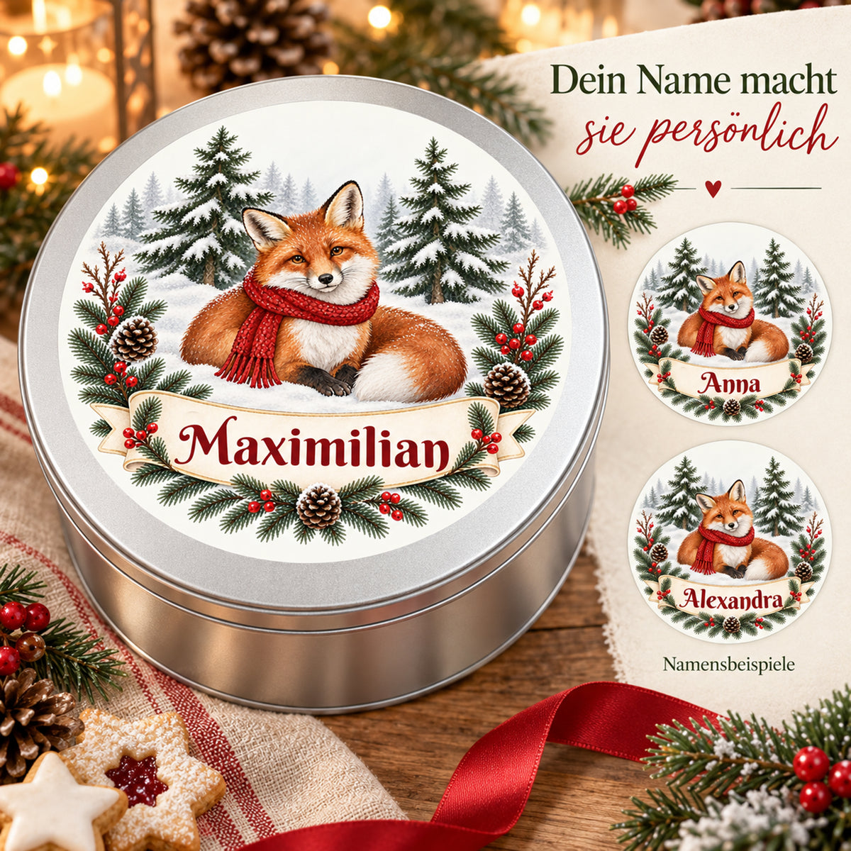 Weihnachts-Keksdose mit Winterfuchs und Wunschname – Ansicht 5