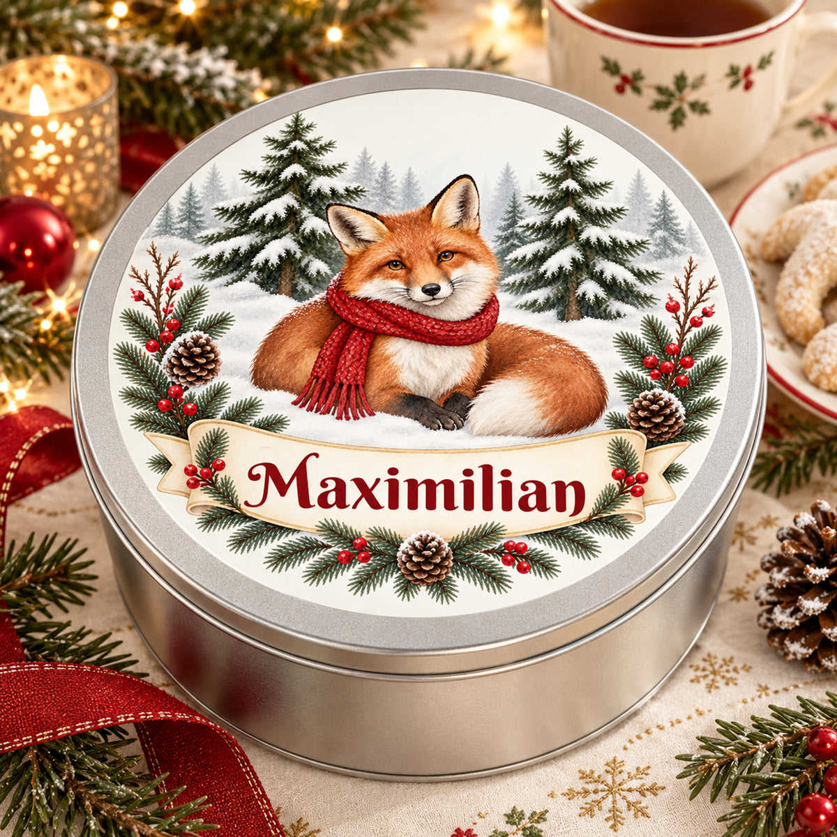 Weihnachts-Keksdose mit Winterfuchs und Wunschname – Ansicht 8