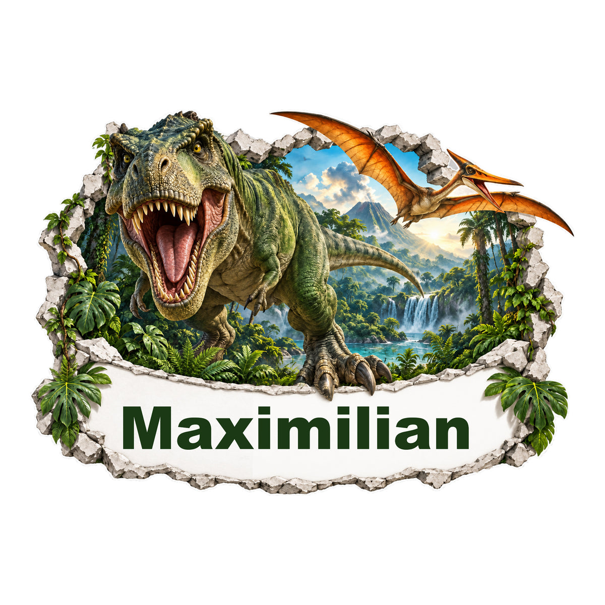 Personalisiertes Dinosaurier-Wandtattoo mit T-Rex im Dschungel und dem Namen Maximilian