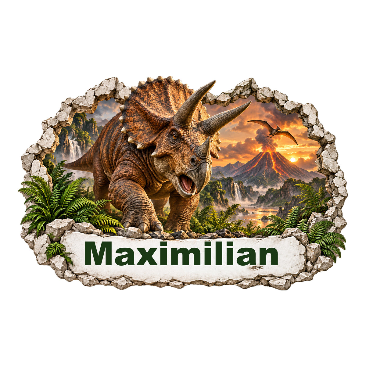 Dinosaurier-Wandtattoo Motiv 2 – Hauptbild mit Wunschname Maximilian