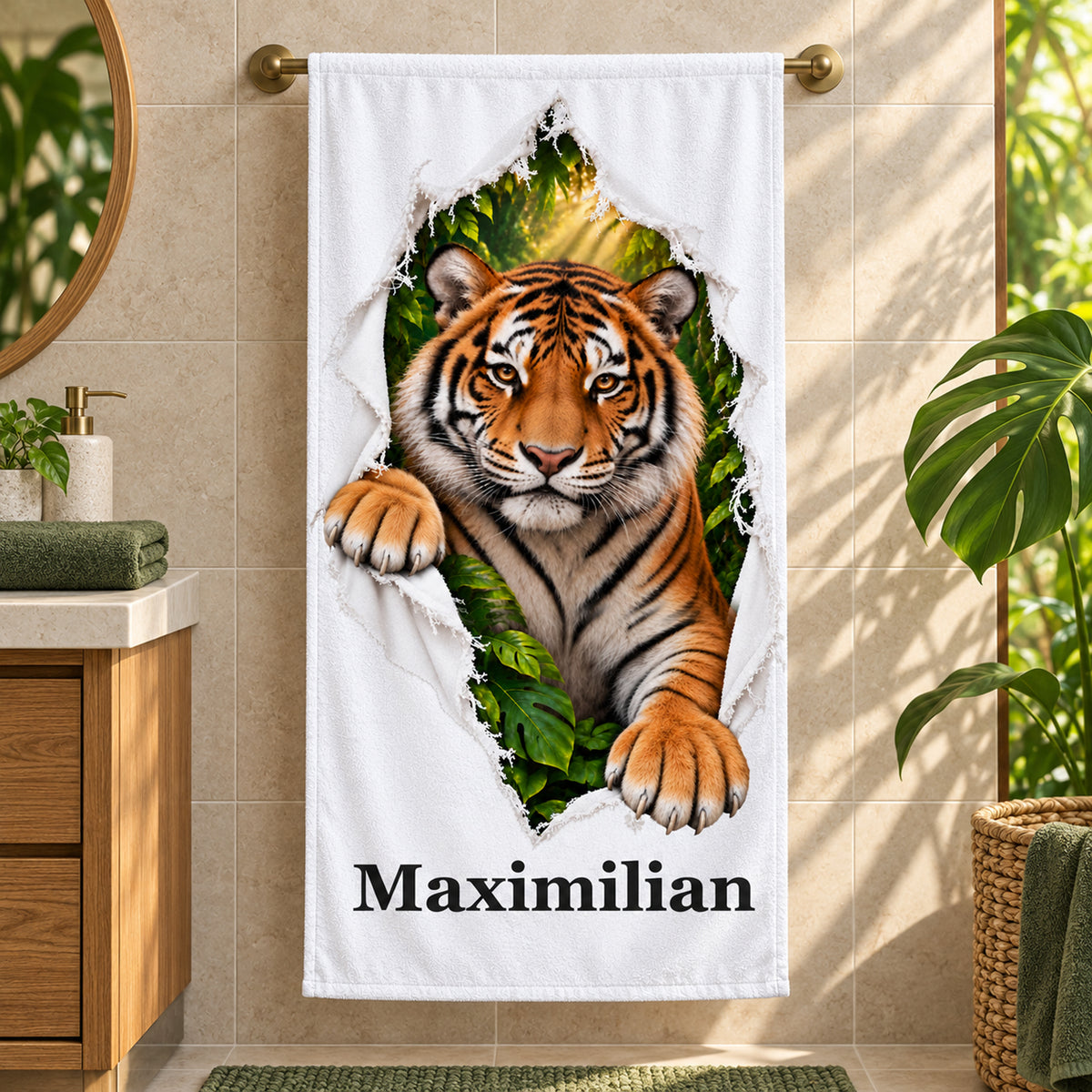 Tiger-Handtuch mit Wunschname an einer Handtuchstange in einem tropisch gestalteten Bad