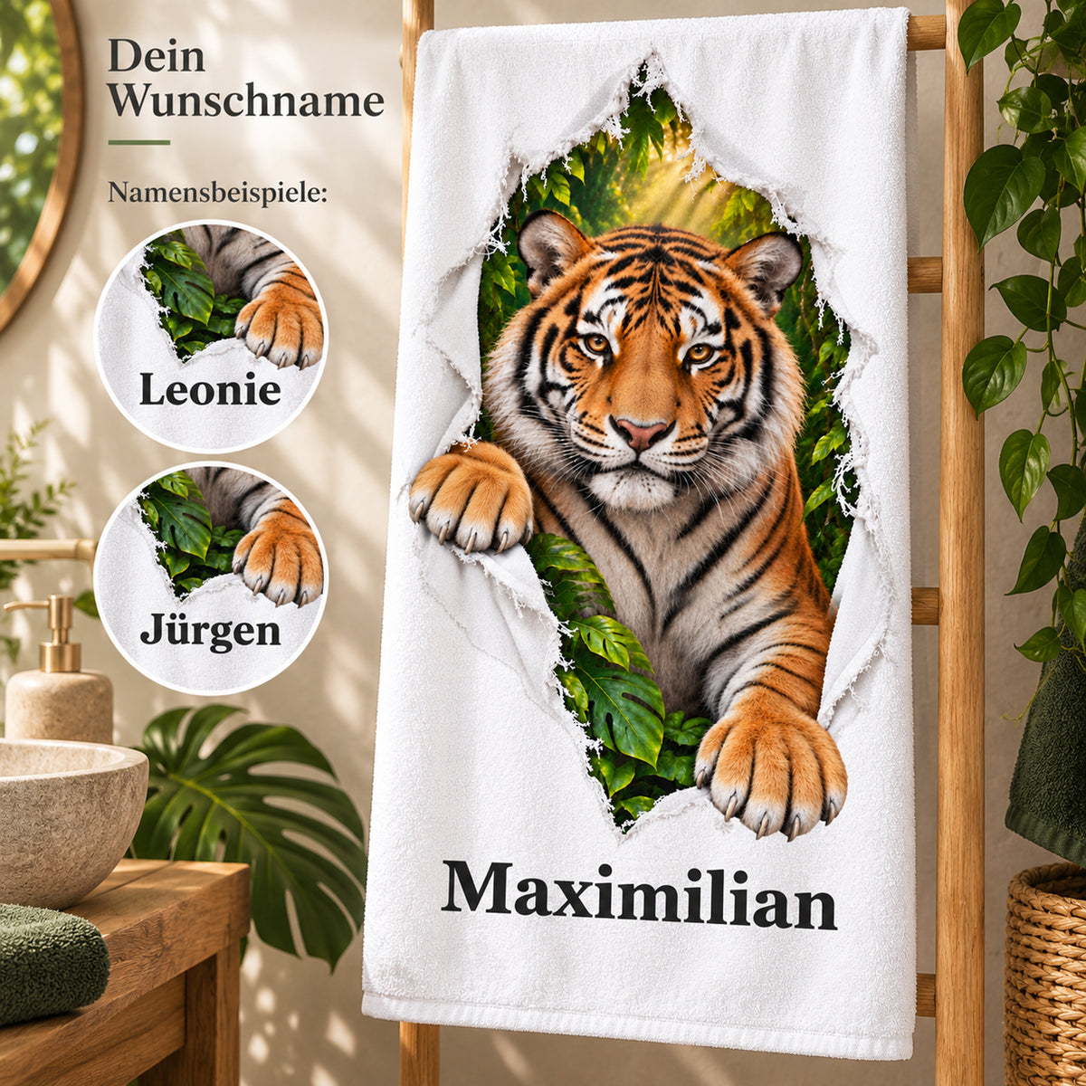 Tiger-Handtuch mit Wunschname und runden Ausschnitten zur Namensgestaltung