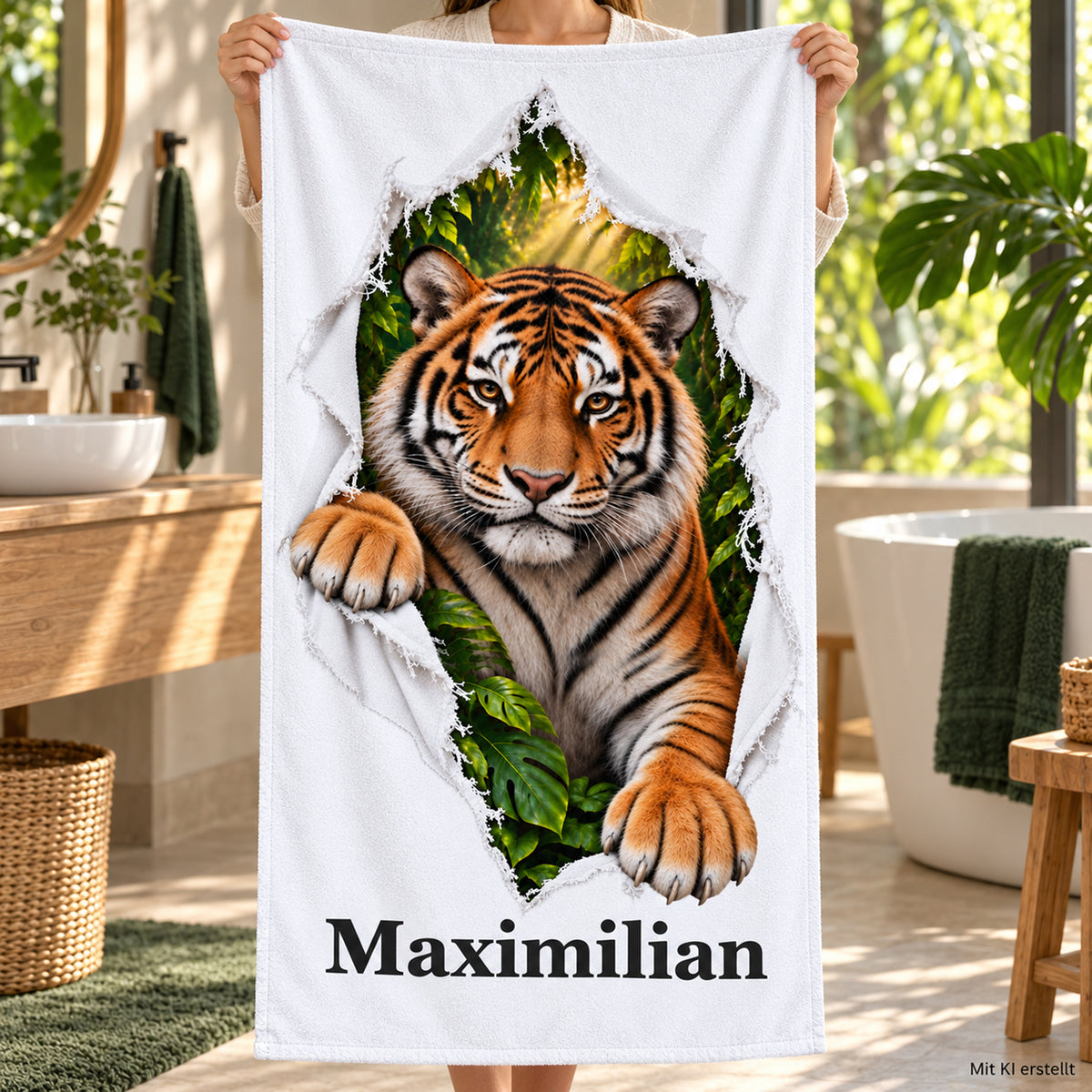 Eine Person hält das personalisierte Tiger-Handtuch im Bad