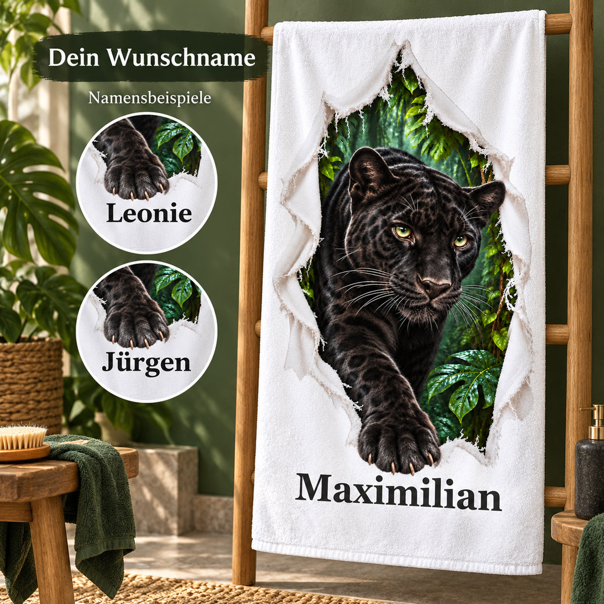 Panther-Handtuch mit Wunschname und runden Ausschnitten zur Namensgestaltung