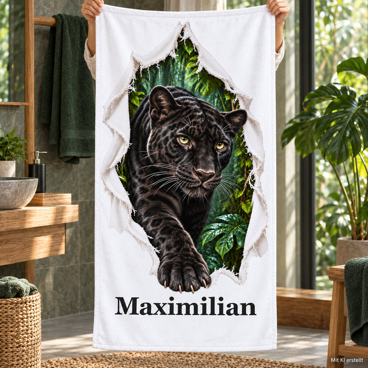 Eine Person hält das personalisierte Panther-Handtuch im Bad