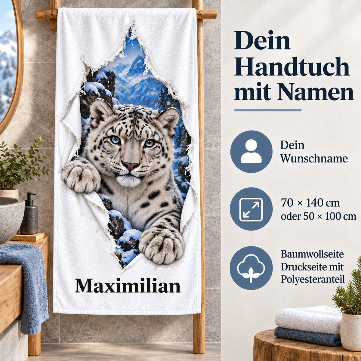 Schneeleopard-Handtuch mit Wunschname, Größenwahl und Angaben zu Baumwoll- und Druckseite
