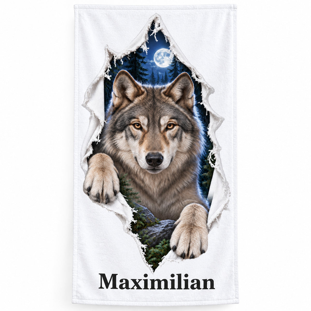 Personalisiertes Wolf-Handtuch mit Wunschname und gedruckter Stoffrissoptik vor weißem Hintergrund