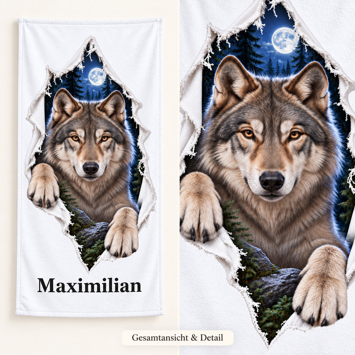 Wolf-Handtuch mit Wunschname als Gesamtansicht und vergrößertem Motivdetail
