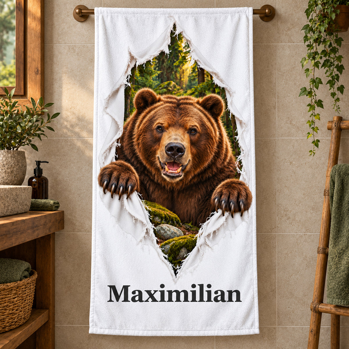 Bär-Handtuch mit Wunschname an einer Handtuchstange in einem warmen Bad mit Holz und Grün