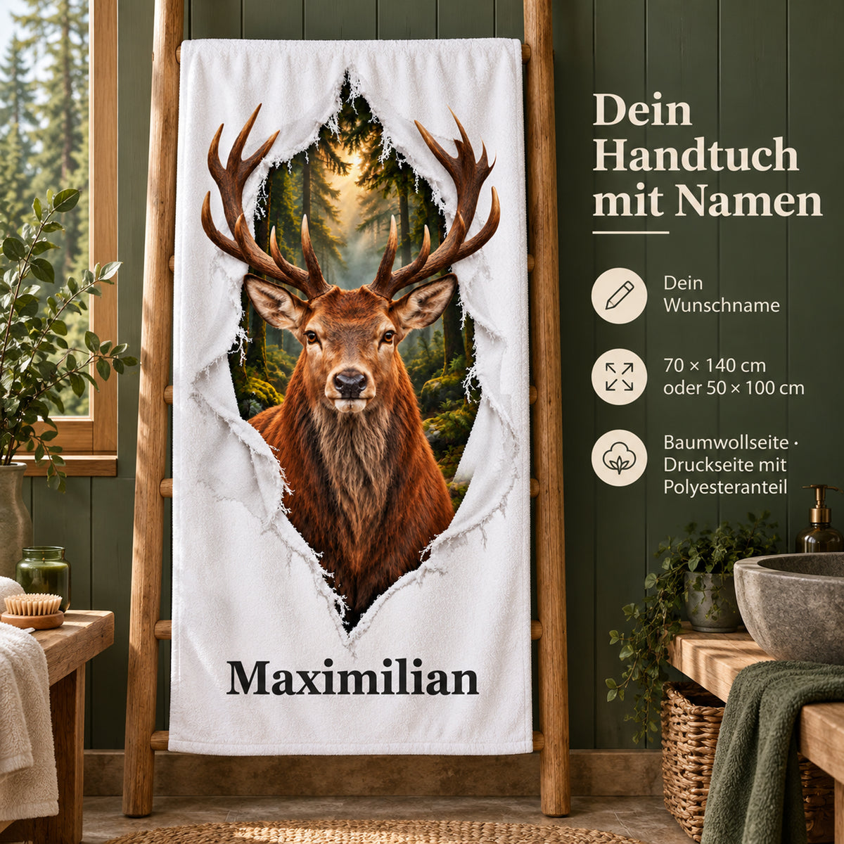 Hirsch-Handtuch mit Wunschname, Größenwahl und Angaben zu Baumwoll- und Druckseite