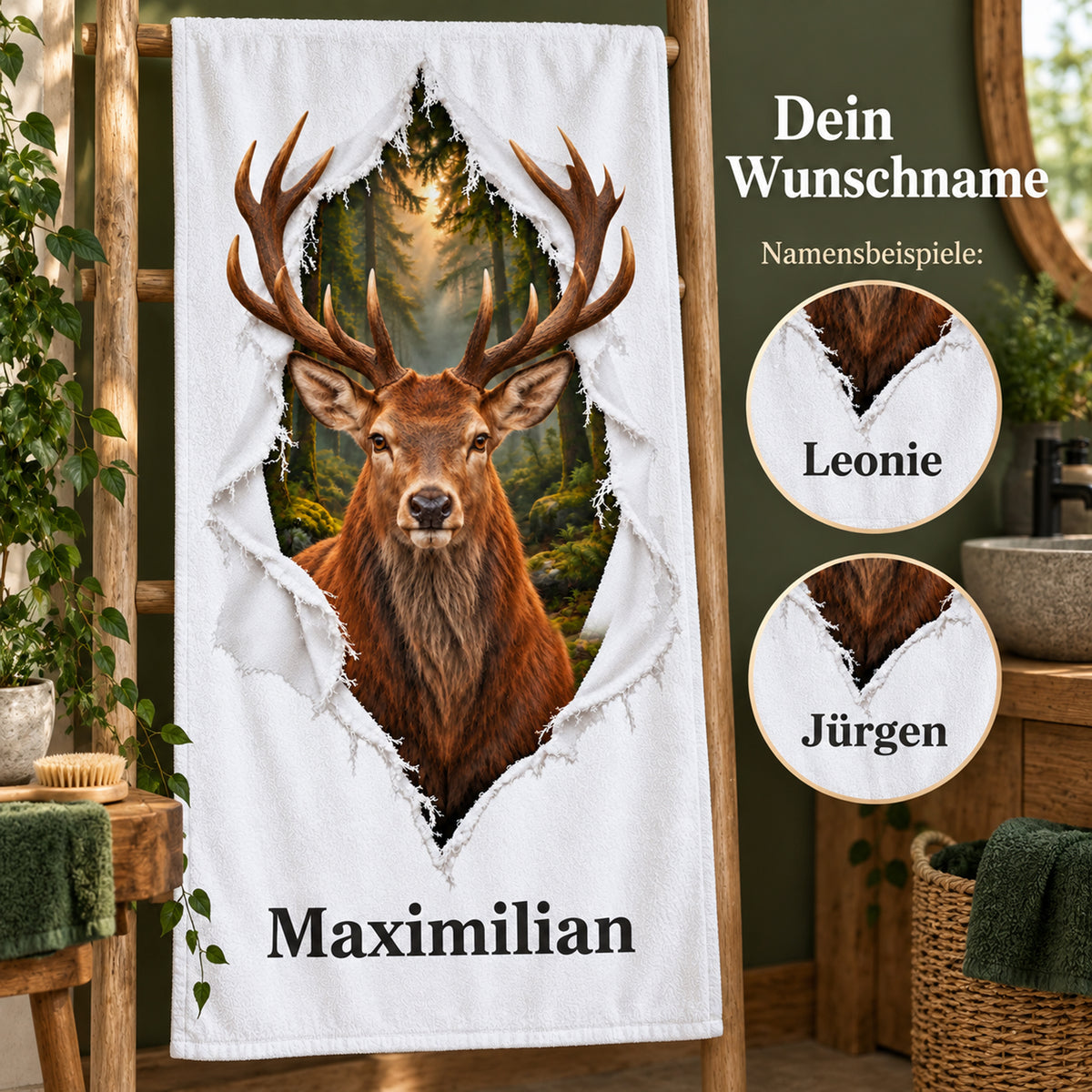 Hirsch-Handtuch mit Wunschname und runden Ausschnitten zur Namensgestaltung