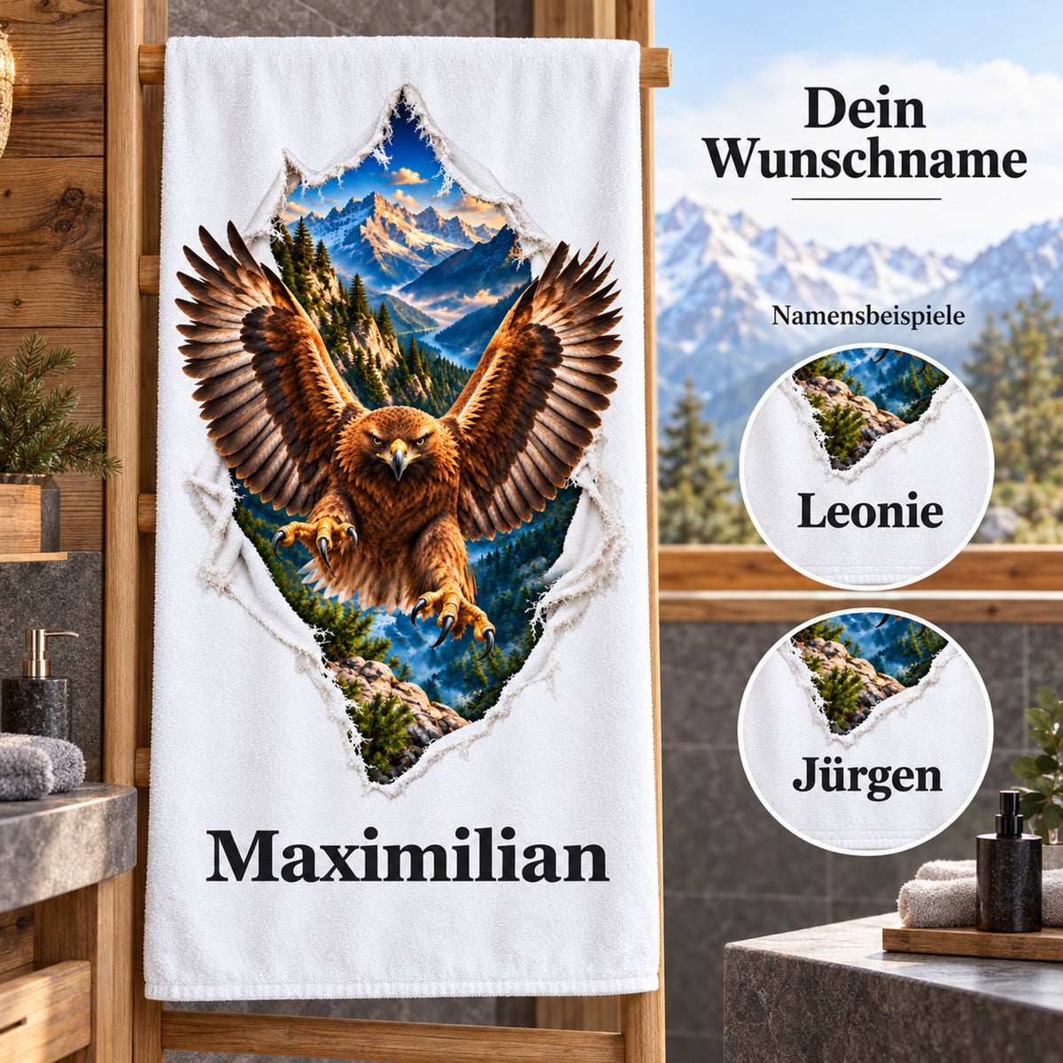 Adler-Handtuch mit Wunschname und runden Ausschnitten zur Namensgestaltung