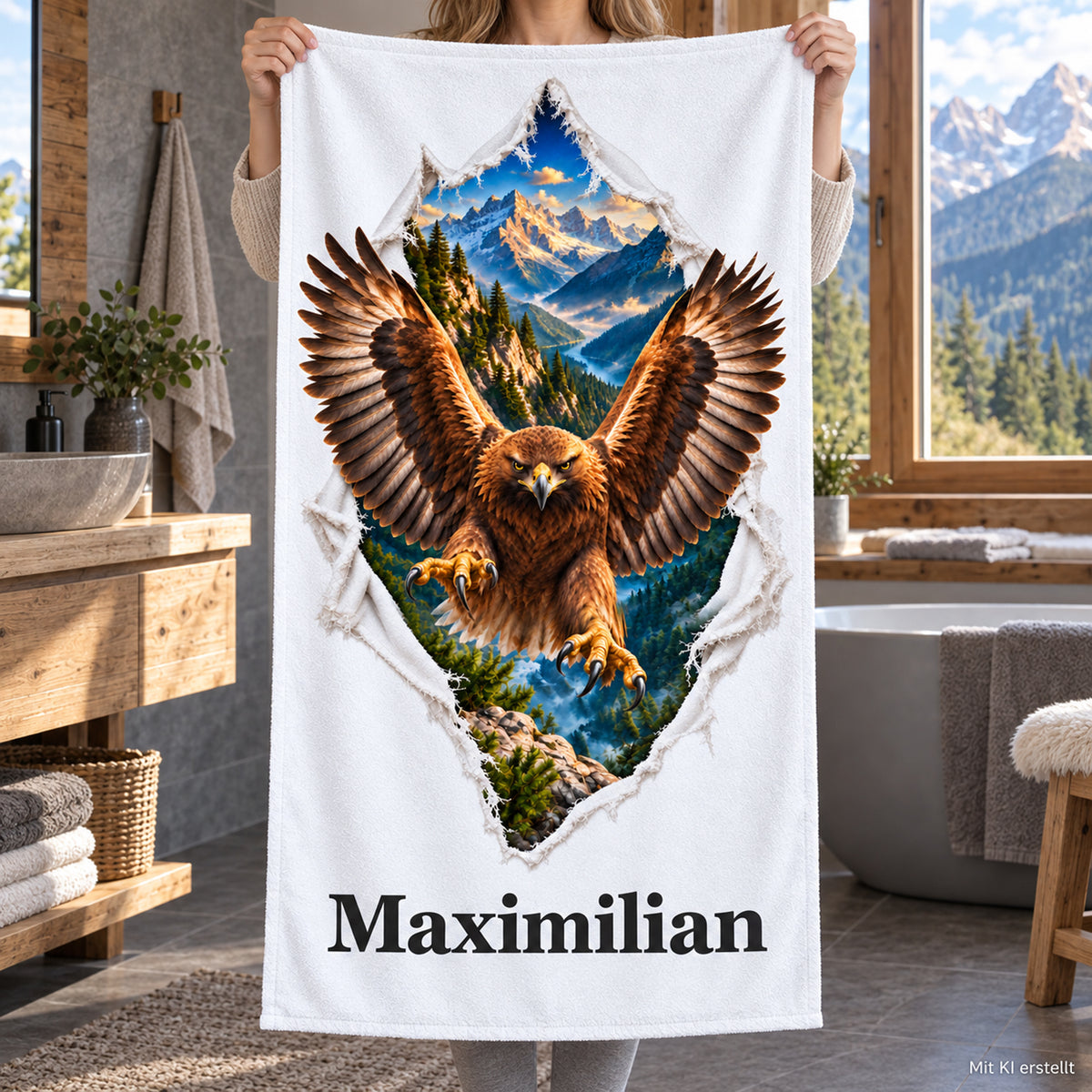 Eine Person hält das personalisierte Adler-Handtuch im Bad