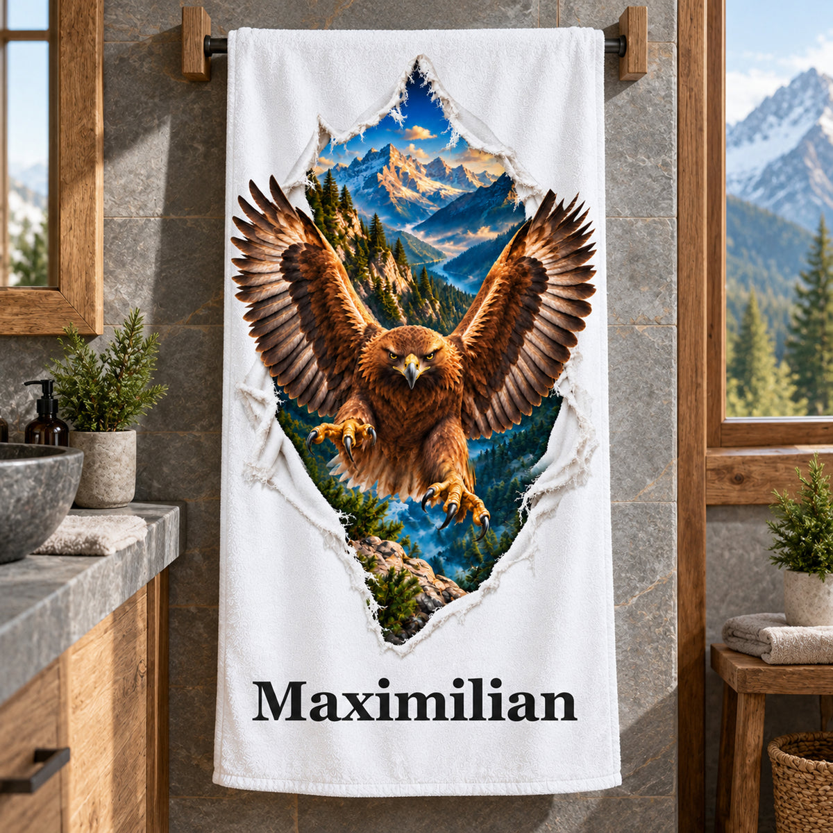 Adler-Handtuch mit Wunschname in einer zweiten Badansicht mit passender Naturdekoration
