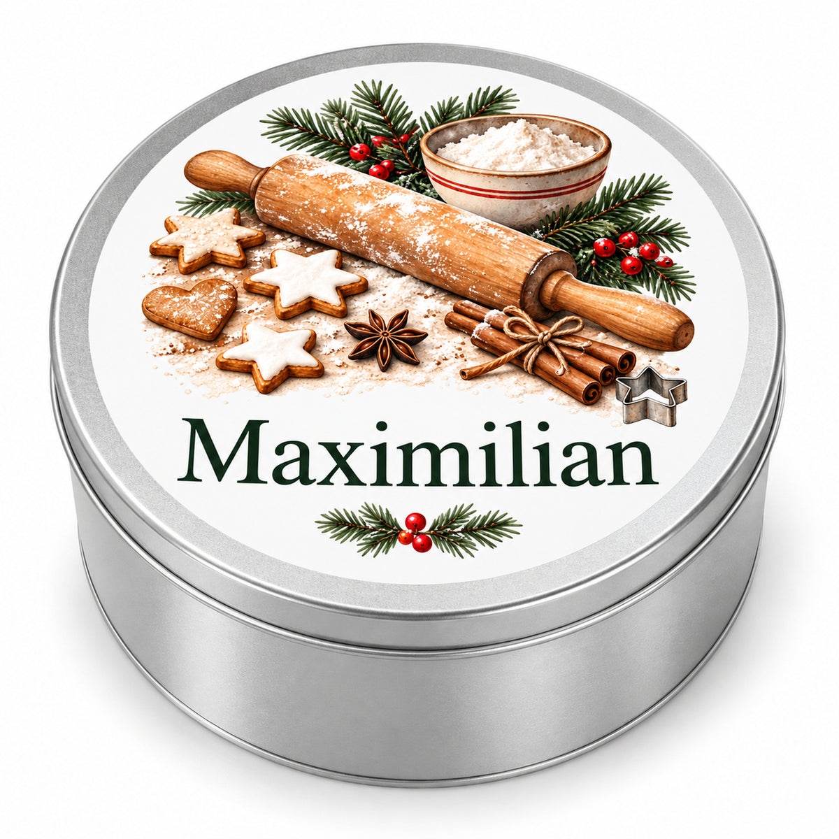 Personalisierte Keksdose mit Weihnachtsbäckerei-Motiv auf weißem Hintergrund.