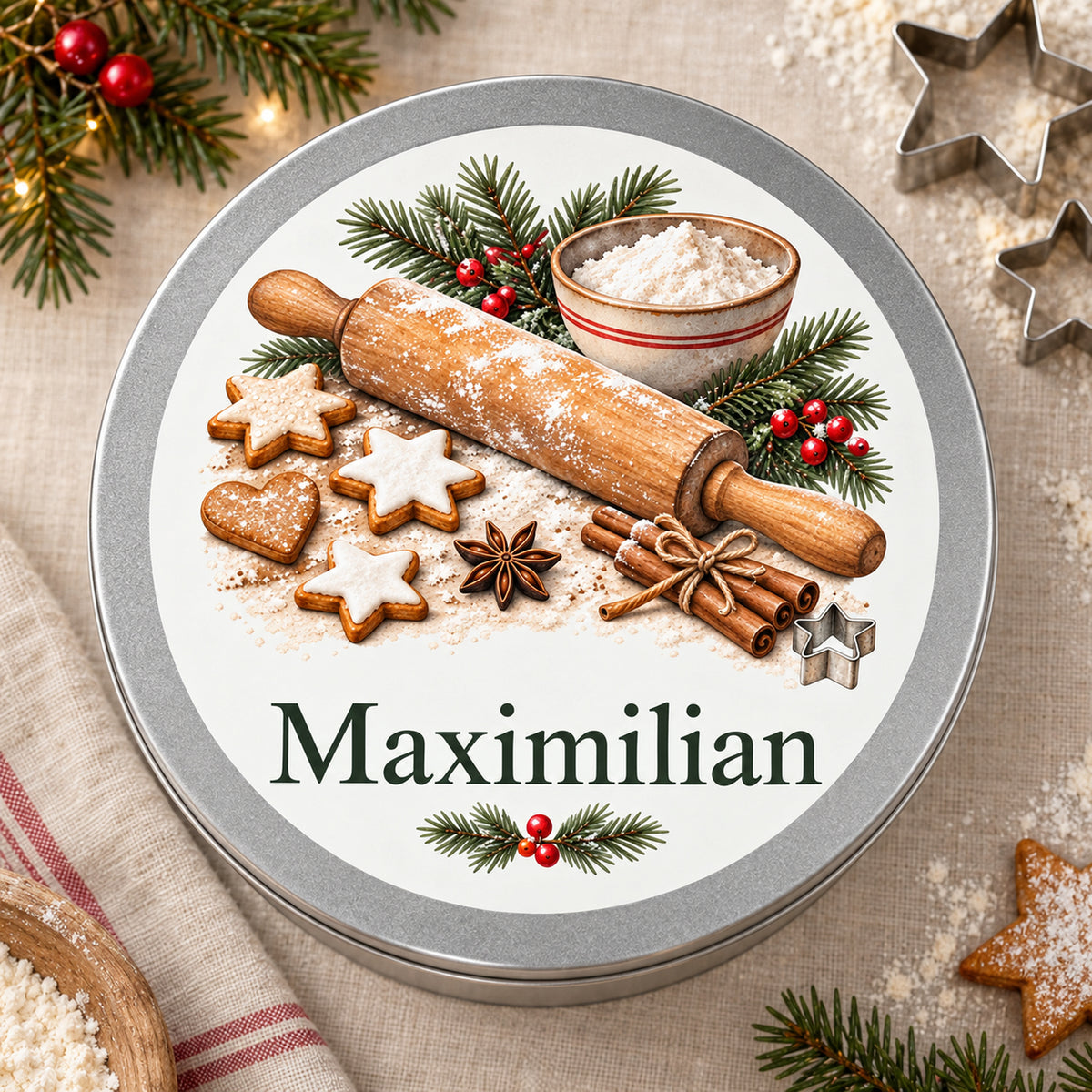 Weihnachts-Keksdose mit Nudelholz und Plätzchen auf dem Deckel, von oben auf einem Backtisch.