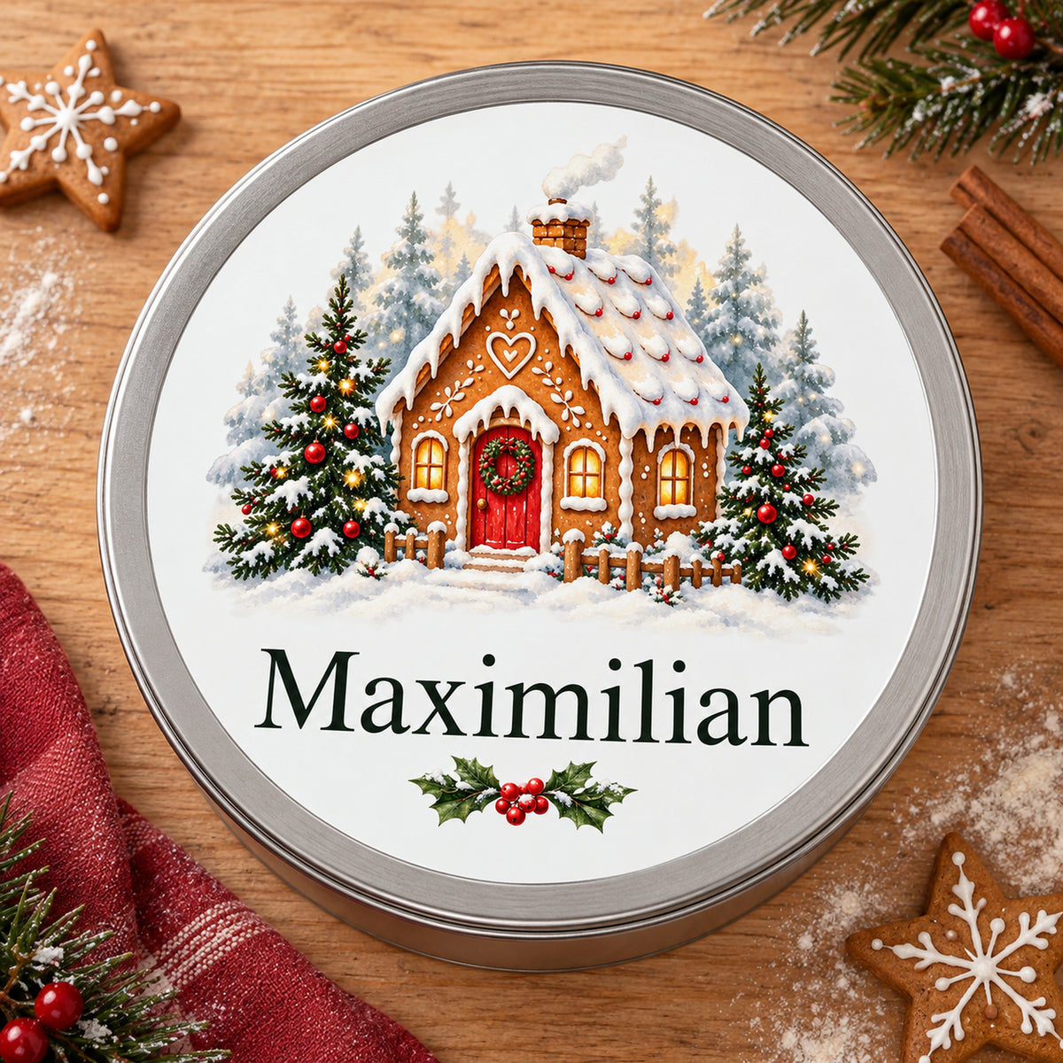 Keksdose mit Lebkuchenhausmotiv von oben auf einem weihnachtlichen Backtisch mit Plätzchen und Zimt.