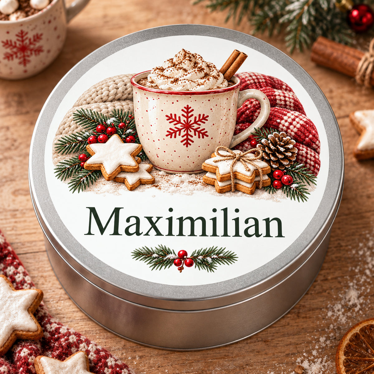 Personalisierte silberne Keksdose mit Weihnachtskakaomotiv: Ansicht auf einem weihnachtlich dekorierten Tisch.