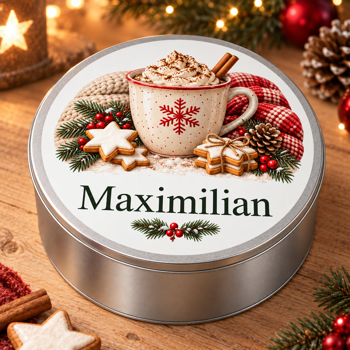 Personalisierte silberne Keksdose mit Weihnachtskakaomotiv: Schrägansicht der silbernen Dose.