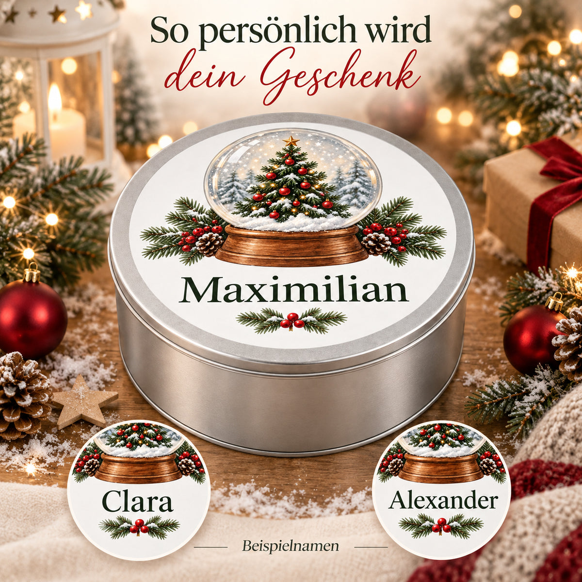 Personalisierte silberne Keksdose mit Schneekugelmotiv: Personalisierung mit zwei Namensbeispielen.
