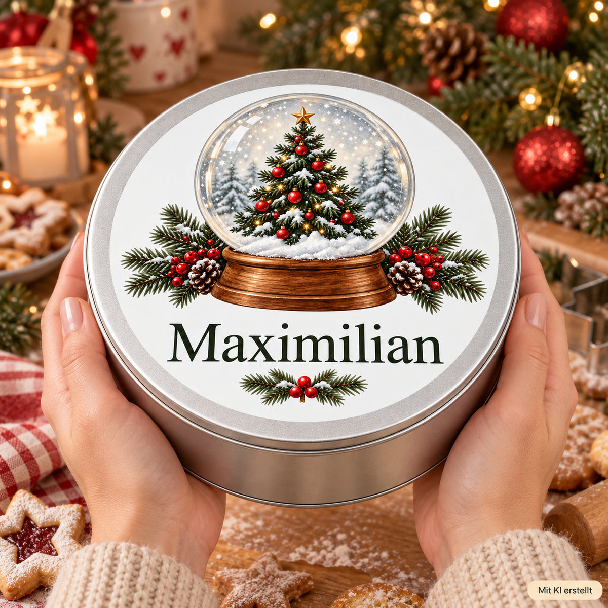 Personalisierte silberne Keksdose mit Schneekugelmotiv: Dose in Händen auf einem Weihnachtstisch.
