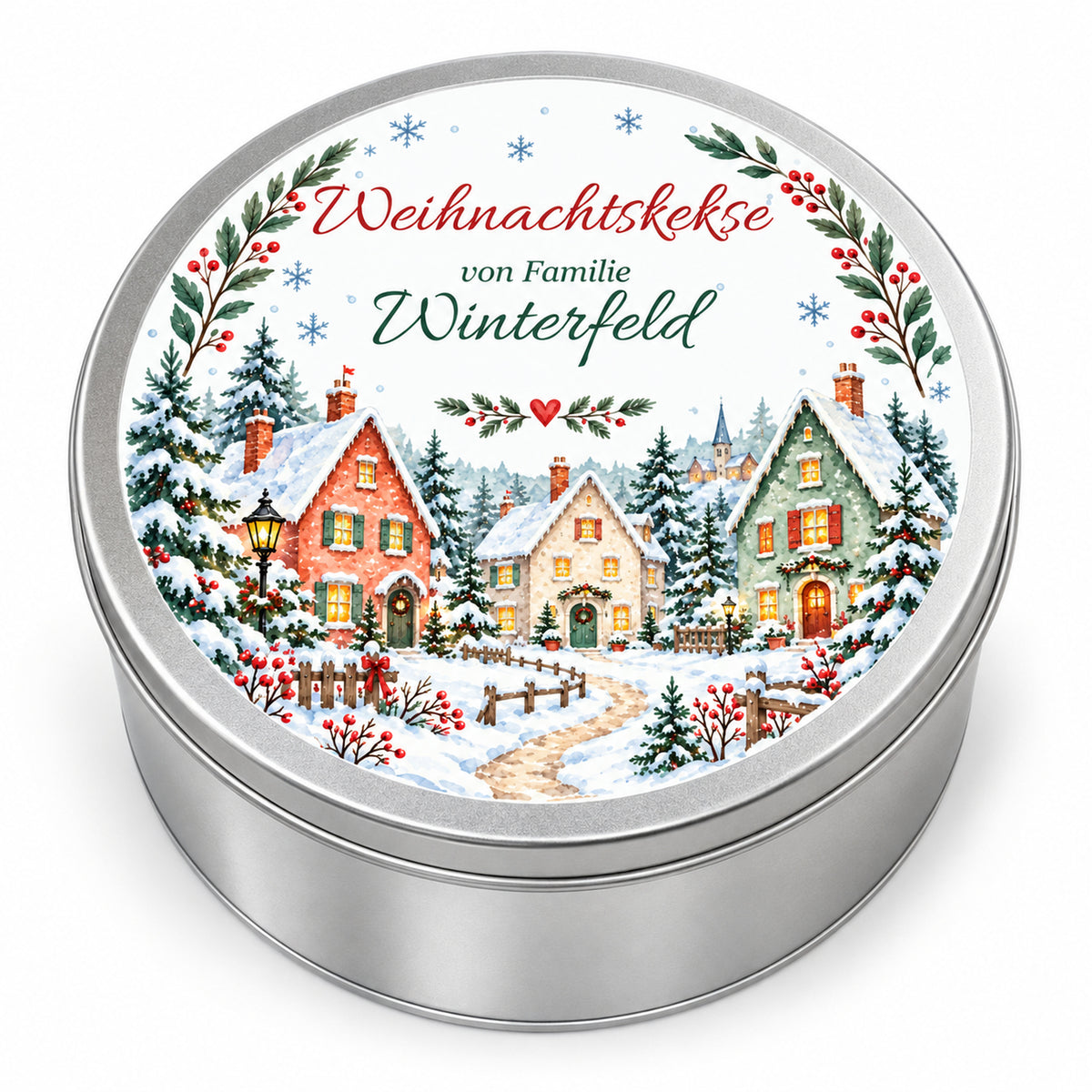 Runde personalisierte Keksdose mit Winterdorf in Aquarellfarben auf dem Deckel