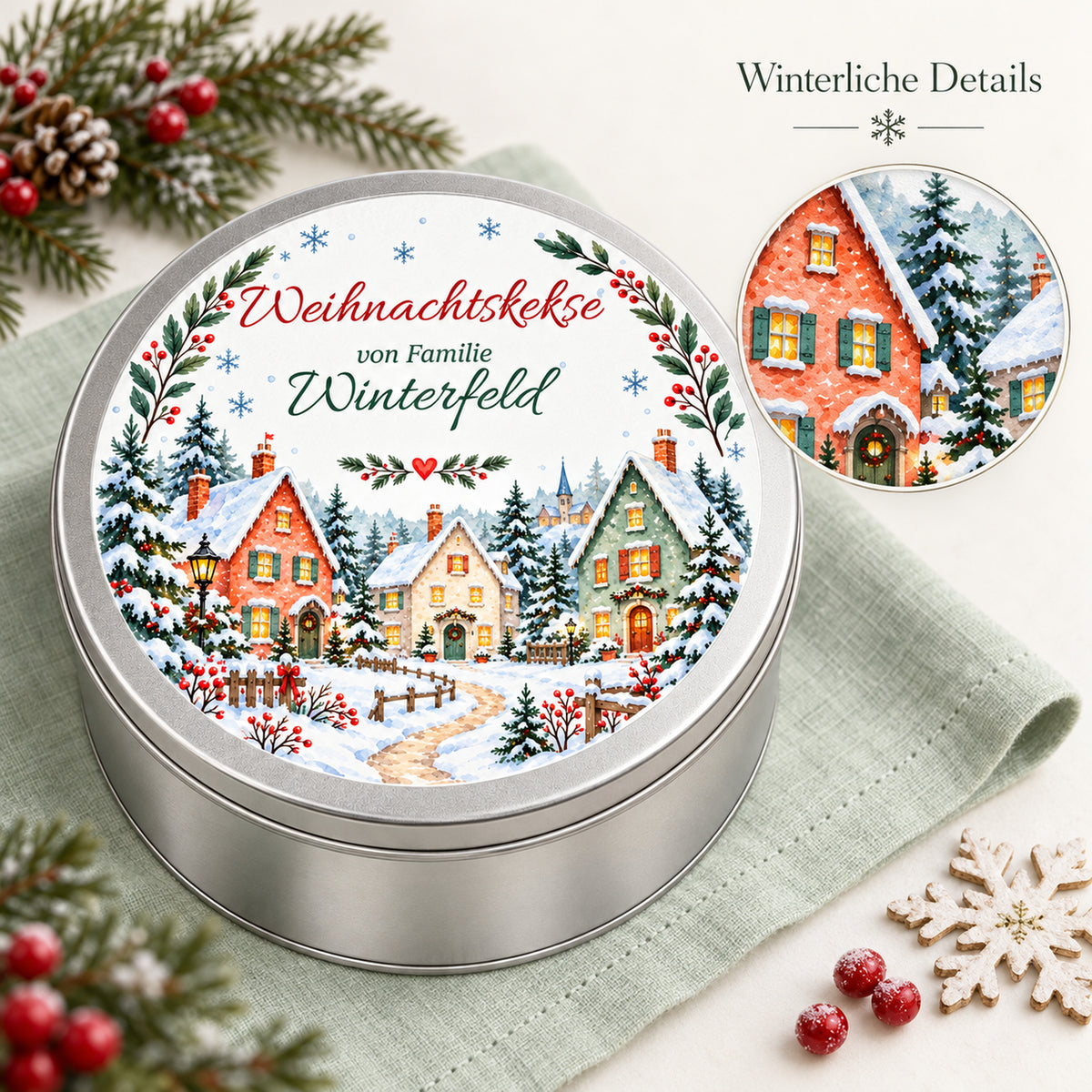 Keksdose mit Winterdorf und vergrößertem Ausschnitt des Aquarellmotivs