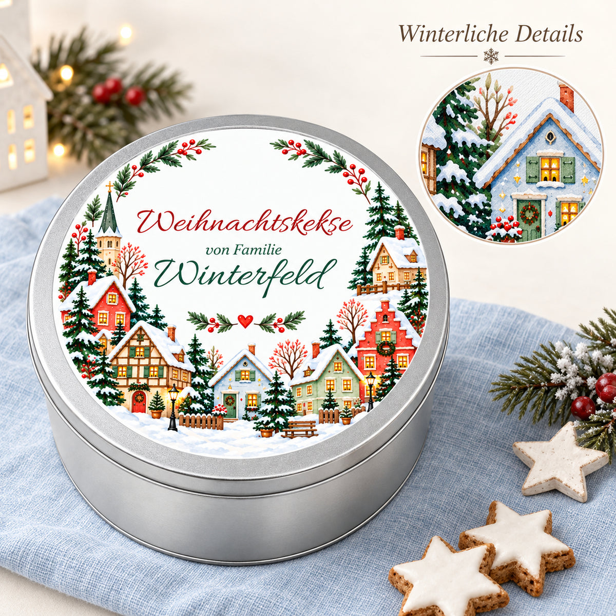 Keksdose mit Häuserring und vergrößertem Ausschnitt des Aquarellmotivs