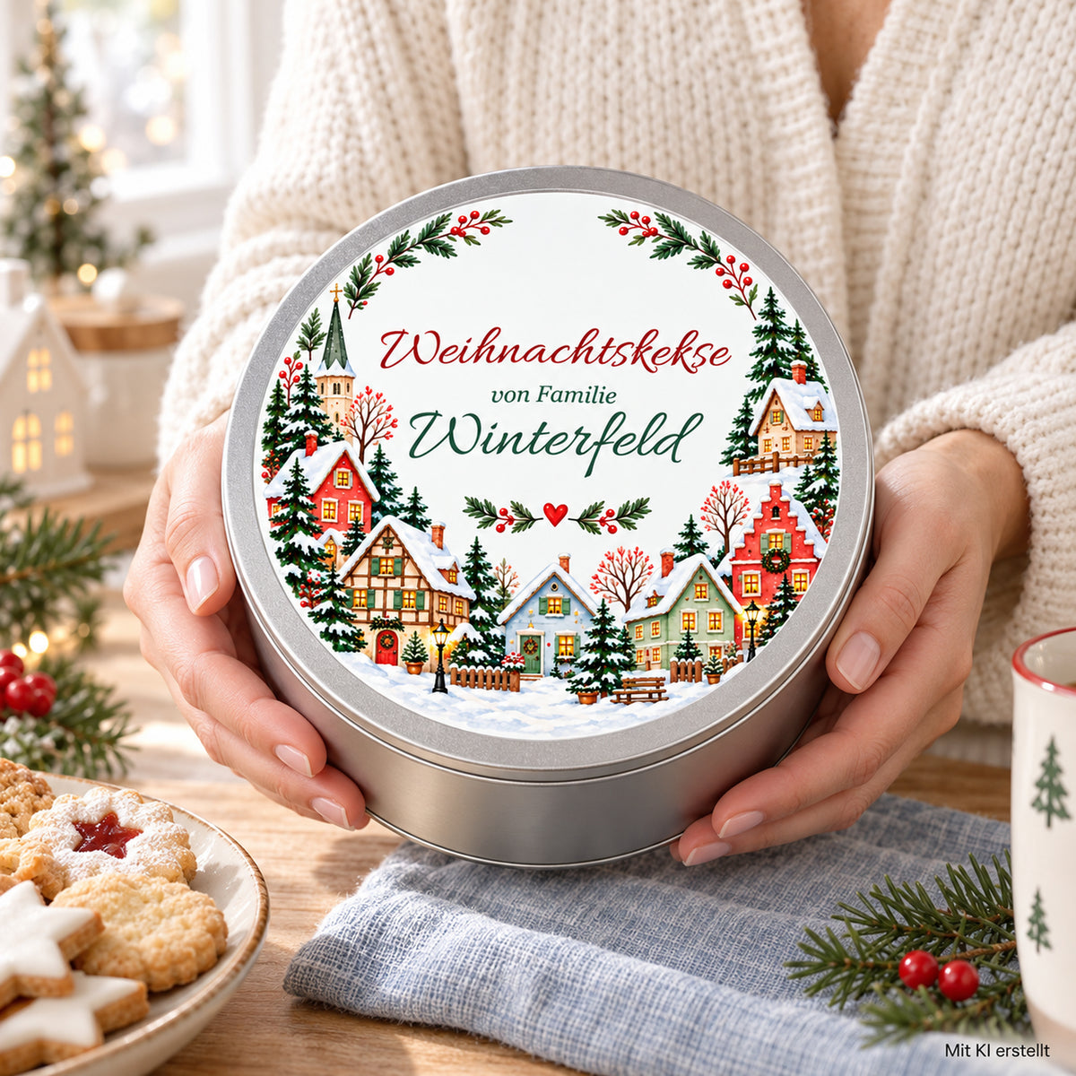 Hände halten die personalisierte Weihnachts-Keksdose mit Häuserring