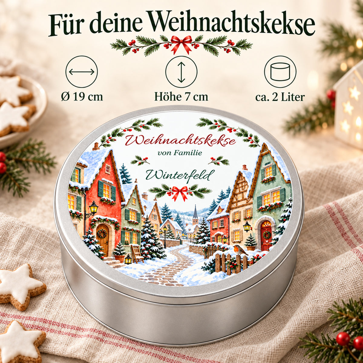 Produktdetails der Keksdose mit verschneiter Gasse: 19 cm Durchmesser, 7 cm Höhe und etwa 2 Liter Volumen