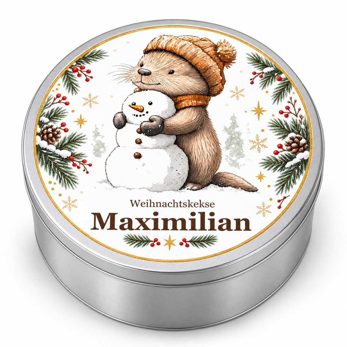 Keksdose Weihnachten, Otter mit Schneemann, mit Wunschname auf Weiß