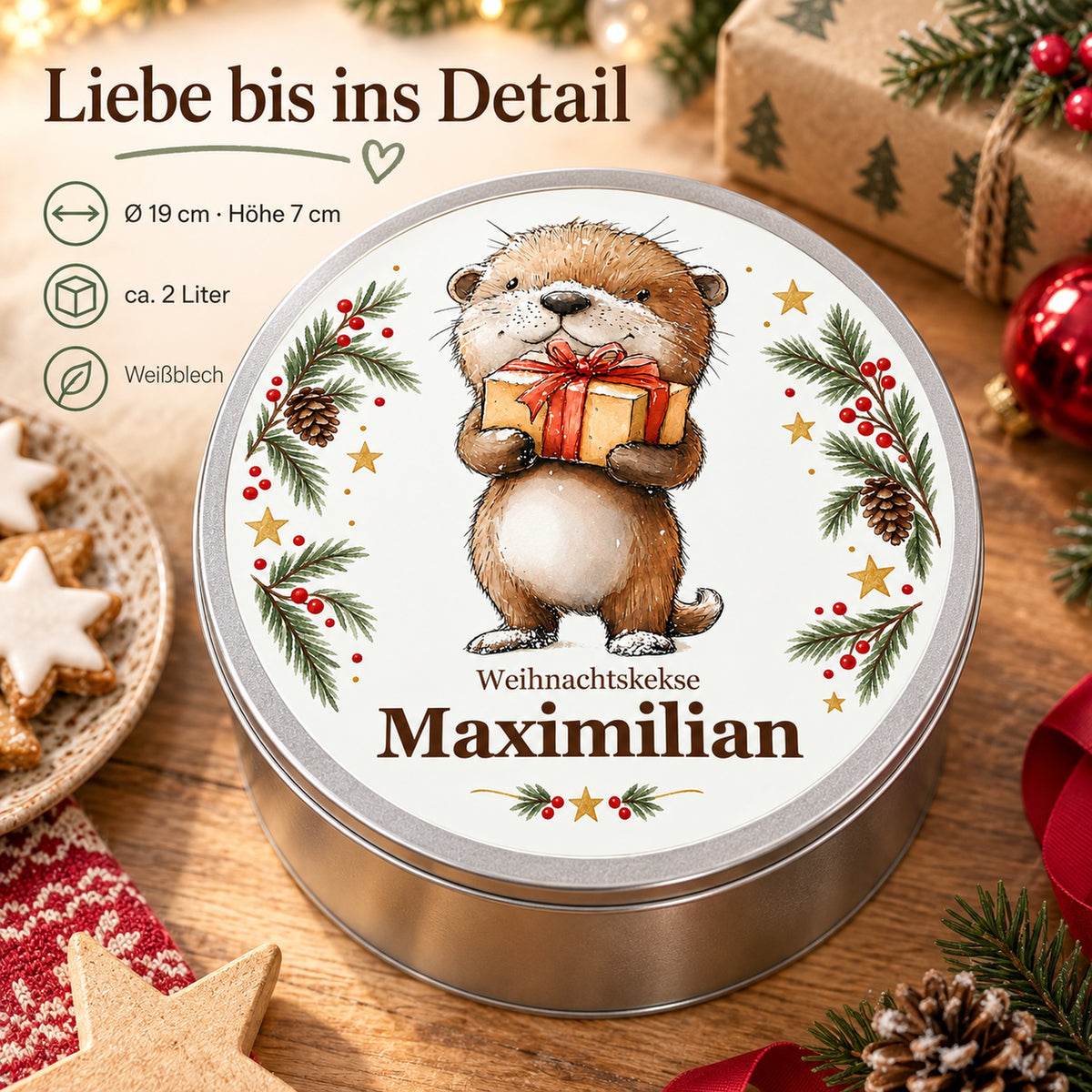 Keksdose Weihnachten, Otter mit Geschenk, mit Wunschname und Maß- und Materialangaben