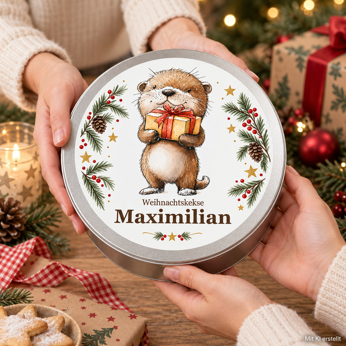 Keksdose Weihnachten, Otter mit Geschenk, mit Wunschname in zwei Händen beim Überreichen, KI-Hinweis