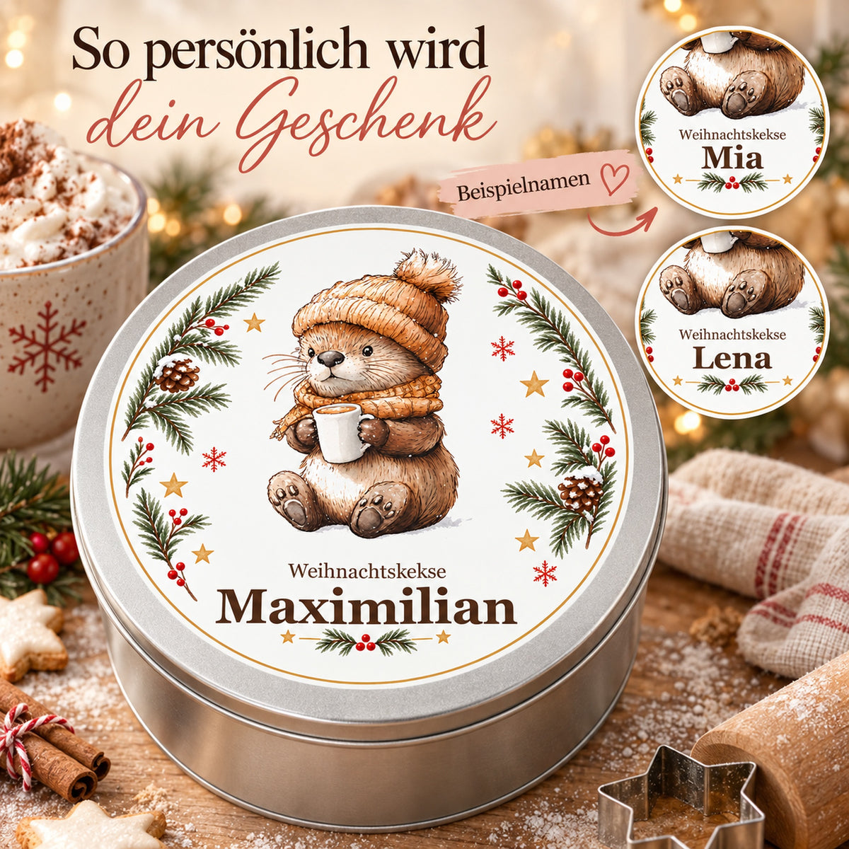 Keksdose Weihnachten, Otter bei der Kakaopause, mit Wunschname und Namensbeispielen