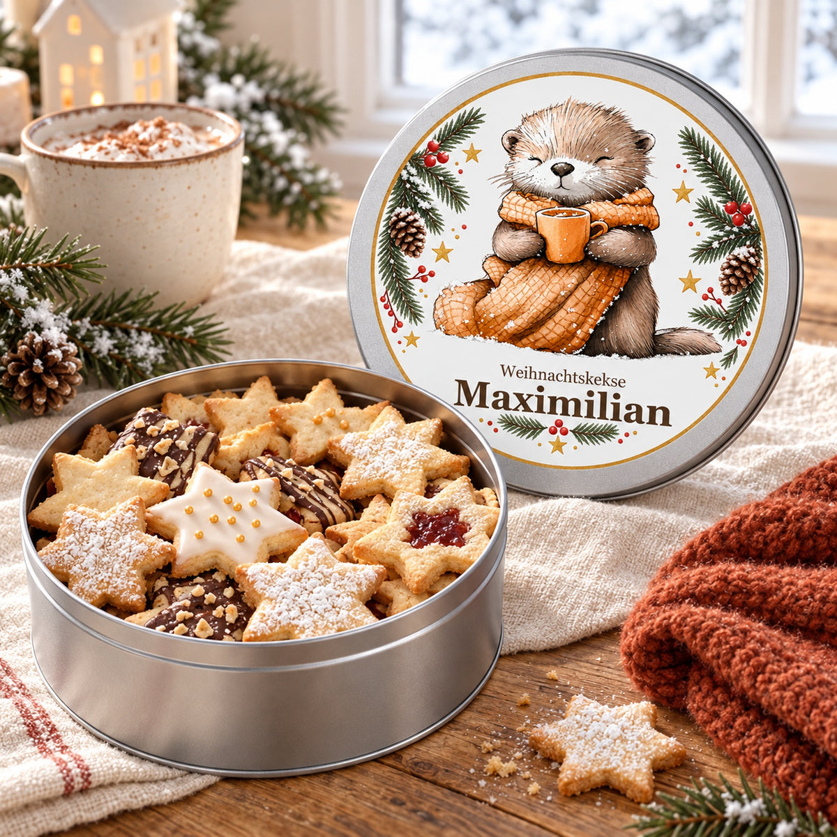 Keksdose Weihnachten, Otter mit Kuschelschal, mit Wunschname geöffnet mit Keksen und separatem bedrucktem Deckel