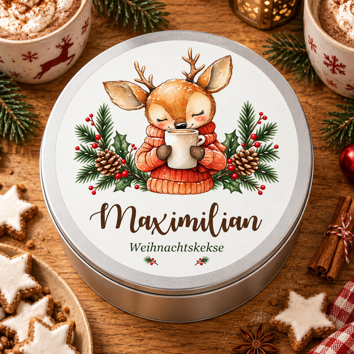 Personalisierte Weihnachts-Keksdose, Motiv Reh mit Kakao – Draufsicht in weihnachtlicher Umgebung