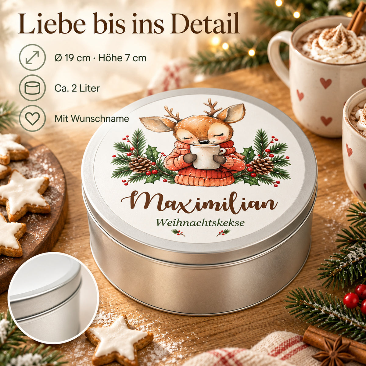 Personalisierte Weihnachts-Keksdose, Motiv Reh mit Kakao – Produktdetails und Maße