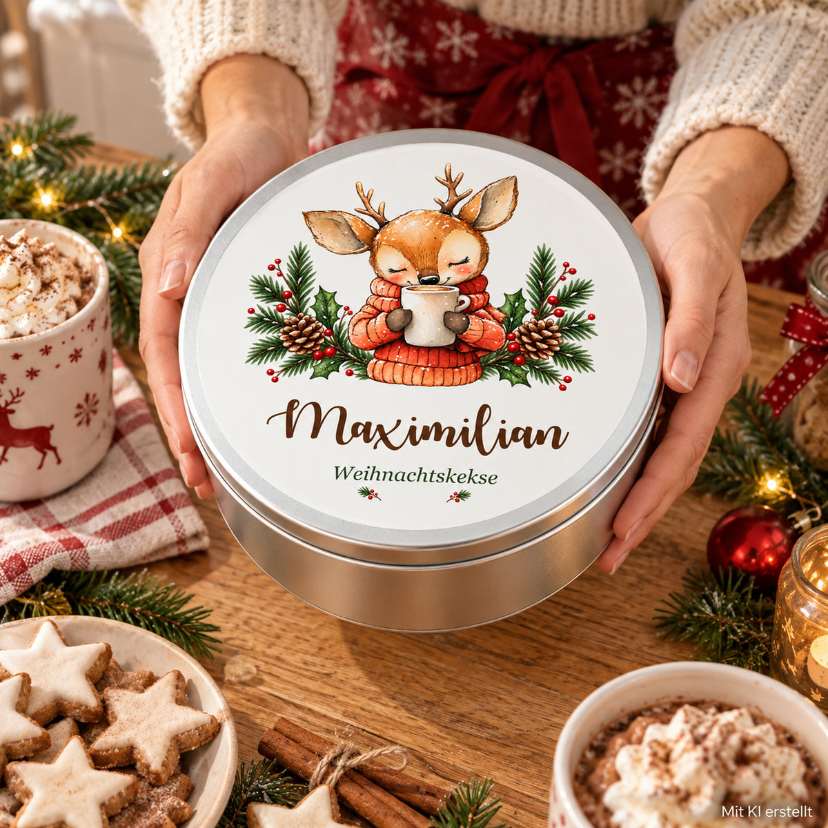 Personalisierte Weihnachts-Keksdose, Motiv Reh mit Kakao – Keksdose in erwachsenen Händen