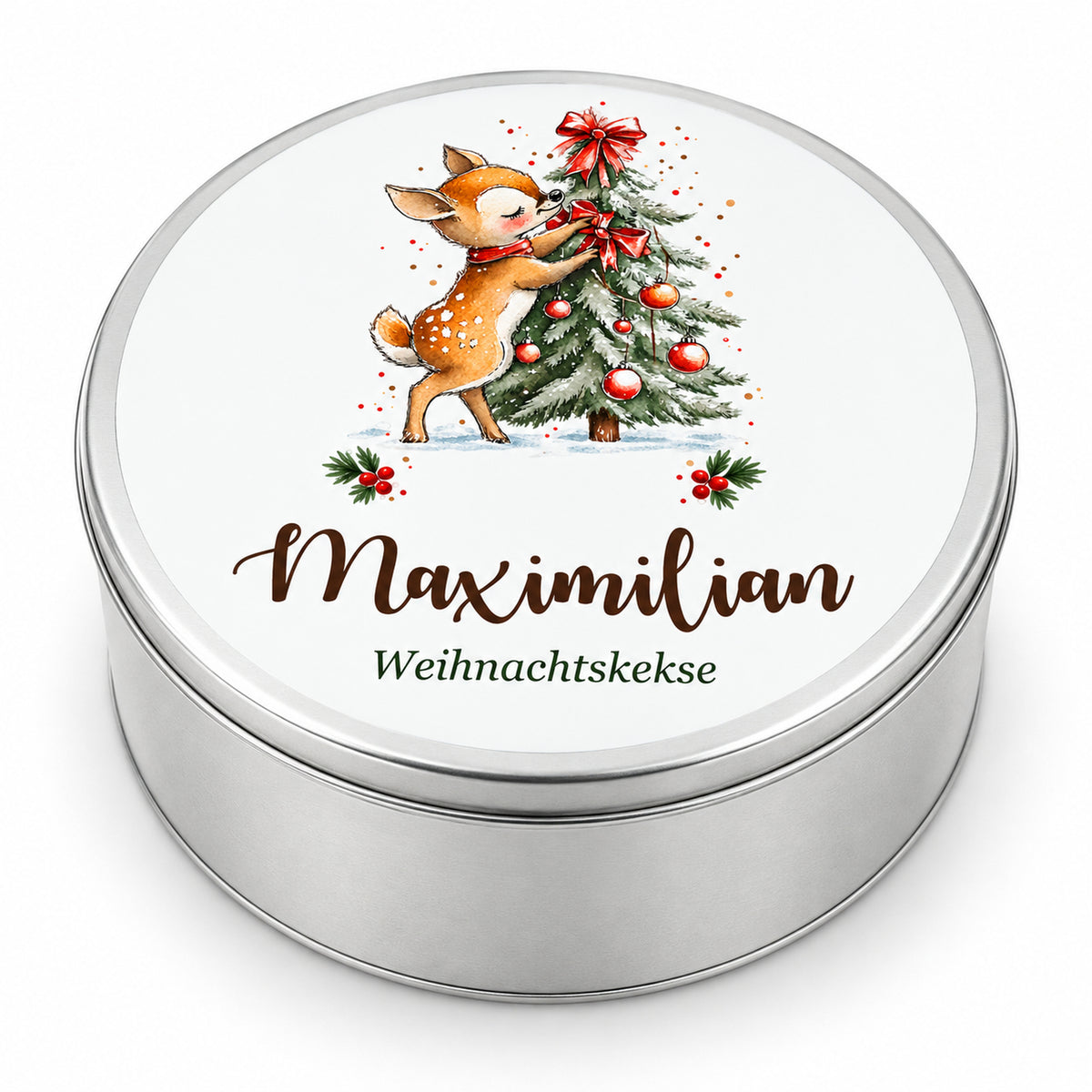 Personalisierte Weihnachts-Keksdose, Motiv Reh am Weihnachtsbaum – Hauptbild auf weißem Hintergrund
