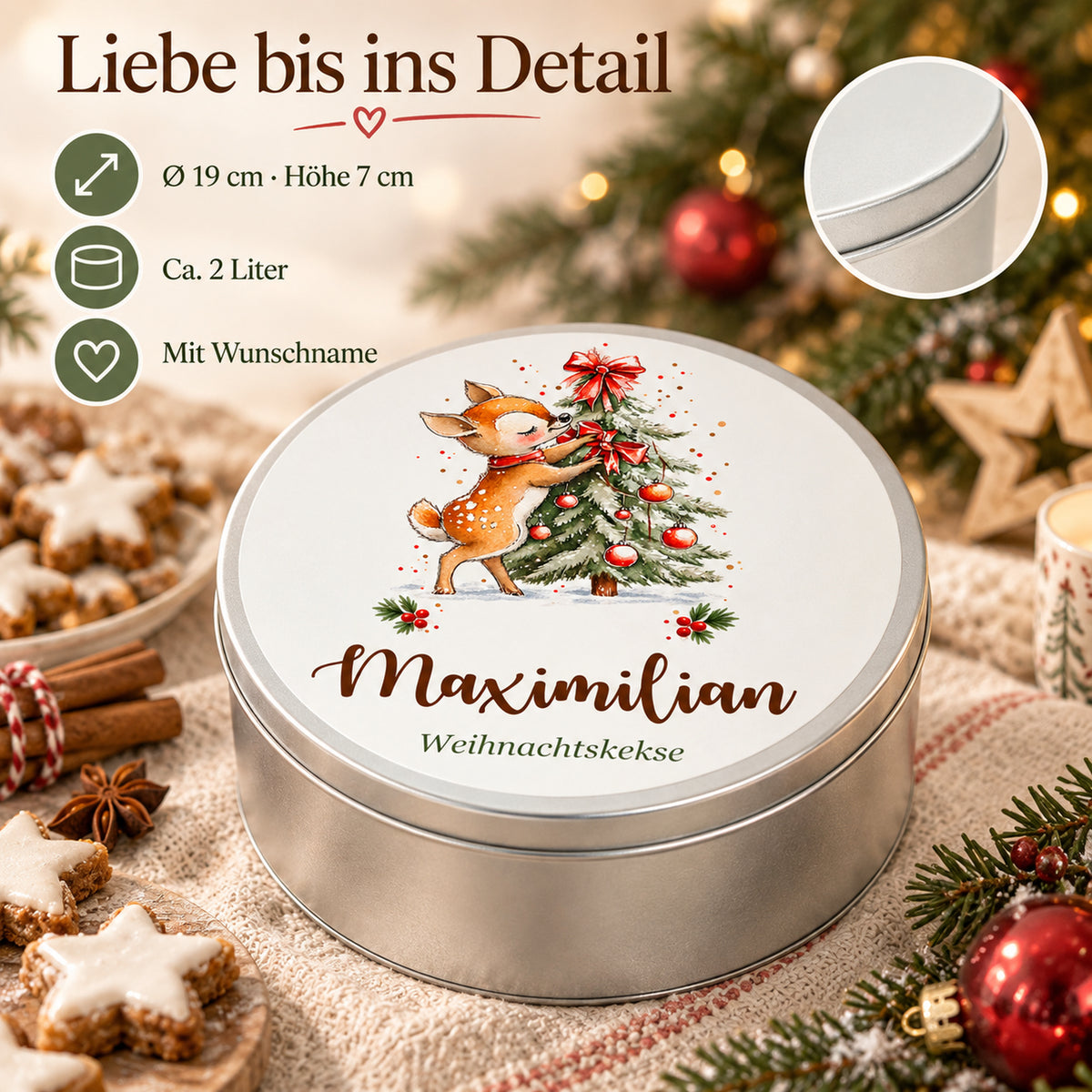 Personalisierte Weihnachts-Keksdose, Motiv Reh am Weihnachtsbaum – Produktdetails und Maße