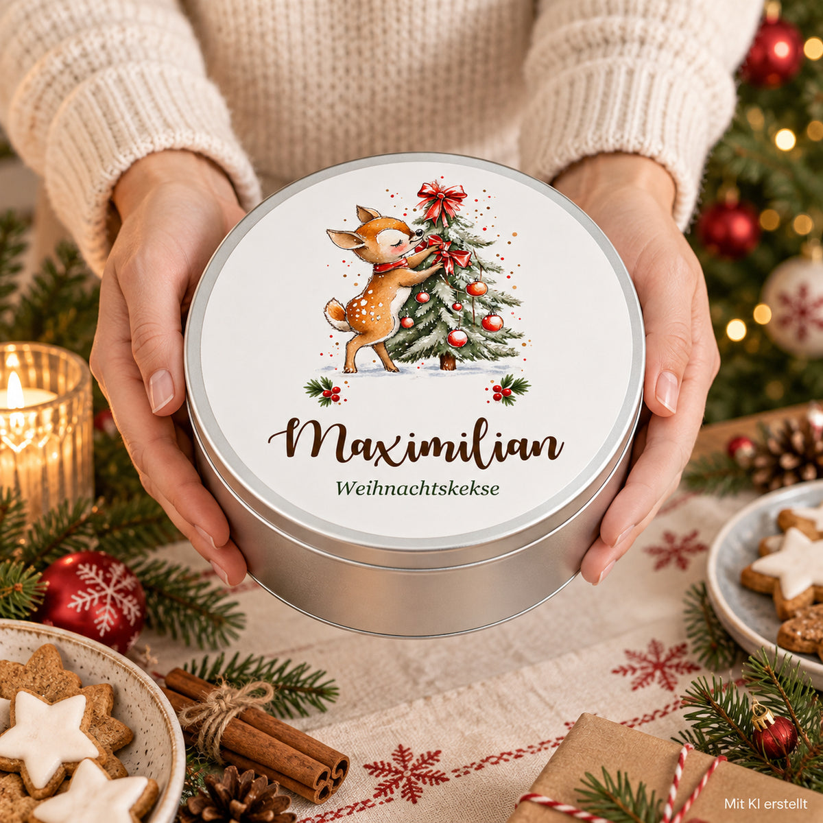 Personalisierte Weihnachts-Keksdose, Motiv Reh am Weihnachtsbaum – Keksdose in erwachsenen Händen