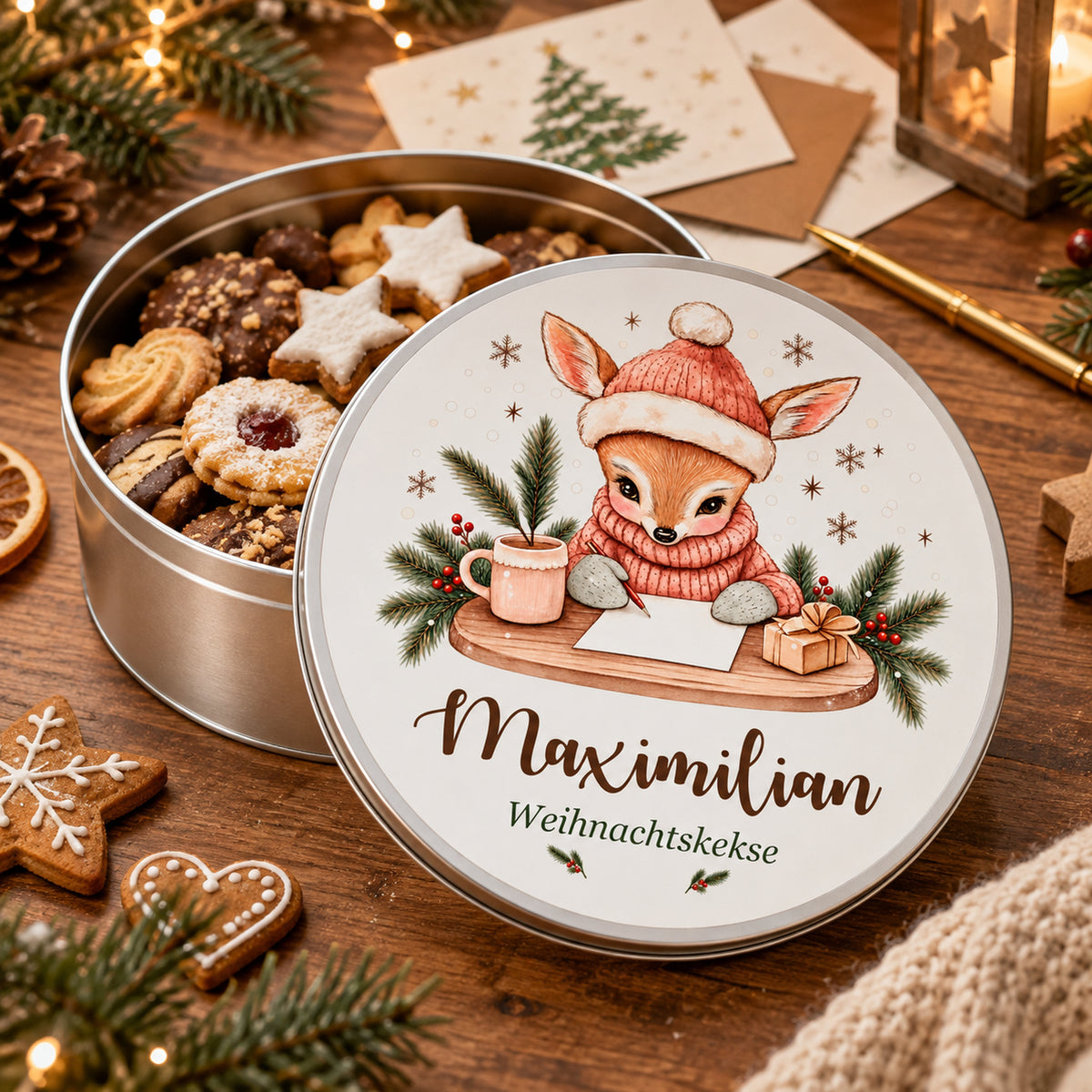 Personalisierte Weihnachts-Keksdose, Motiv Reh mit Weihnachtspost – Geöffnete Keksdose mit aufgestelltem bedrucktem Deckel