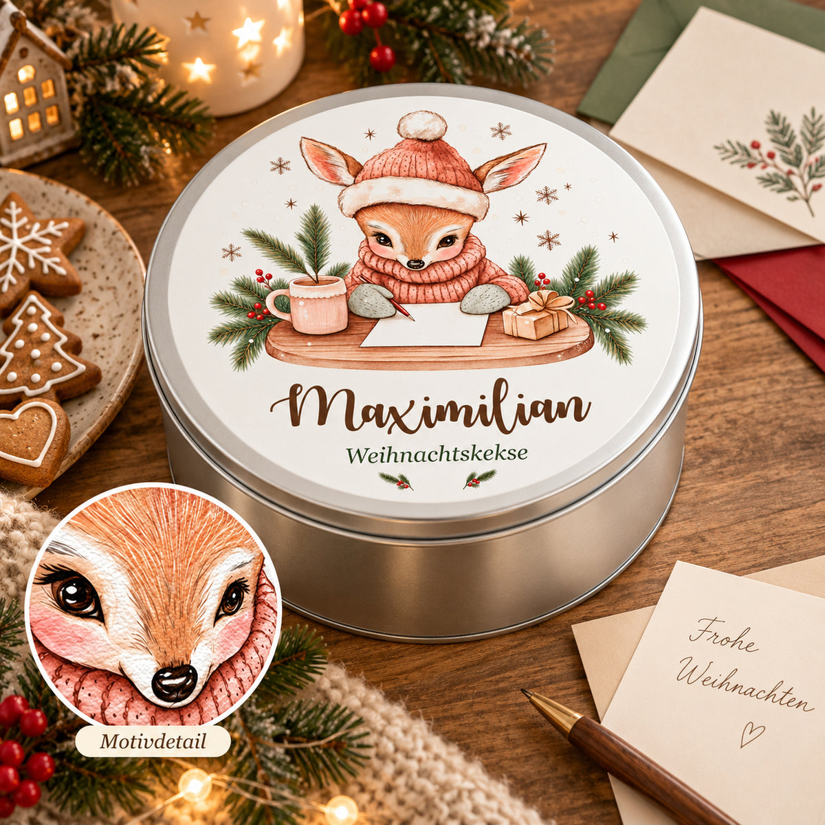 Personalisierte Weihnachts-Keksdose, Motiv Reh mit Weihnachtspost – Motivdetail