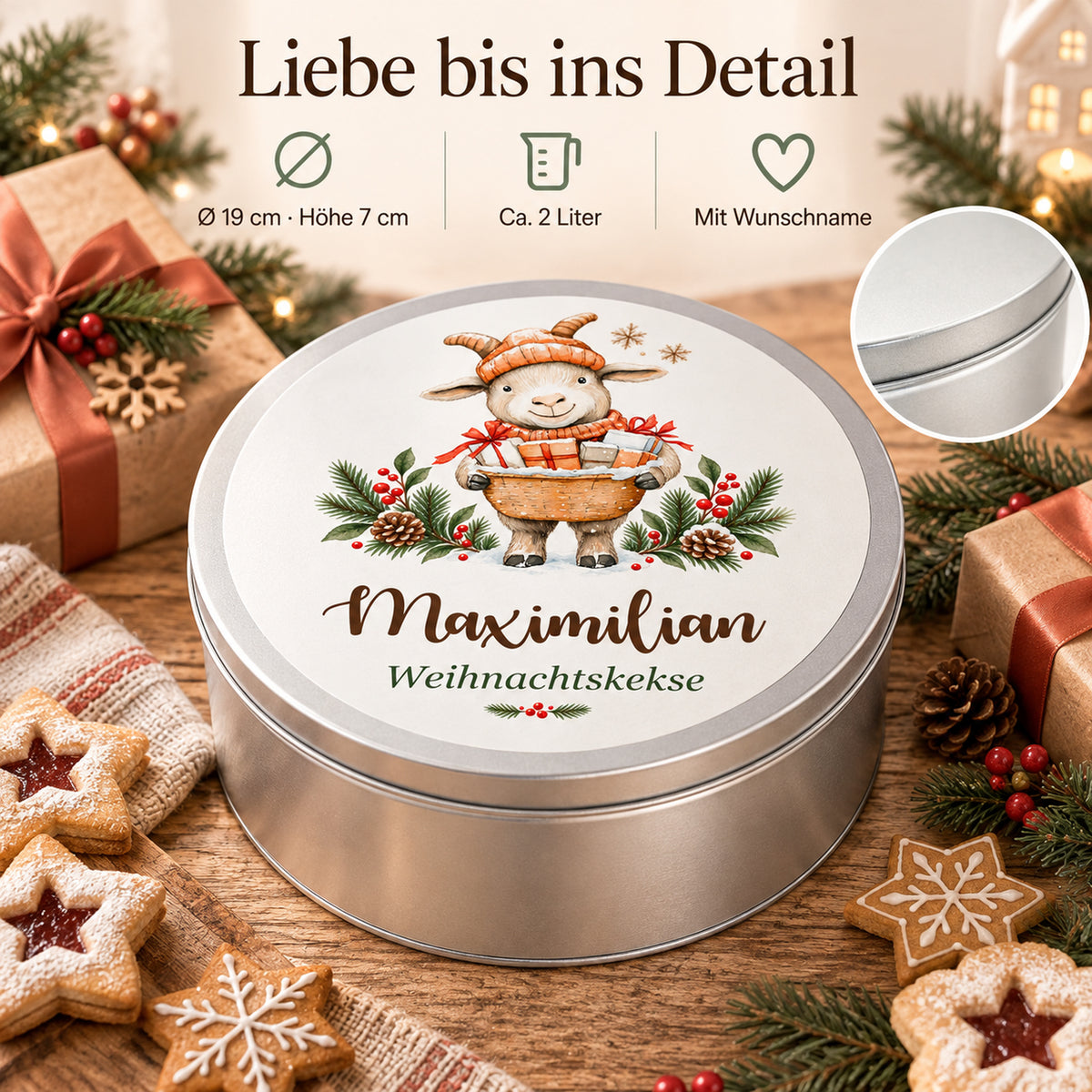 Personalisierte Weihnachts-Keksdose, Motiv Ziege mit Geschenkkorb – Produktdetails und Maße