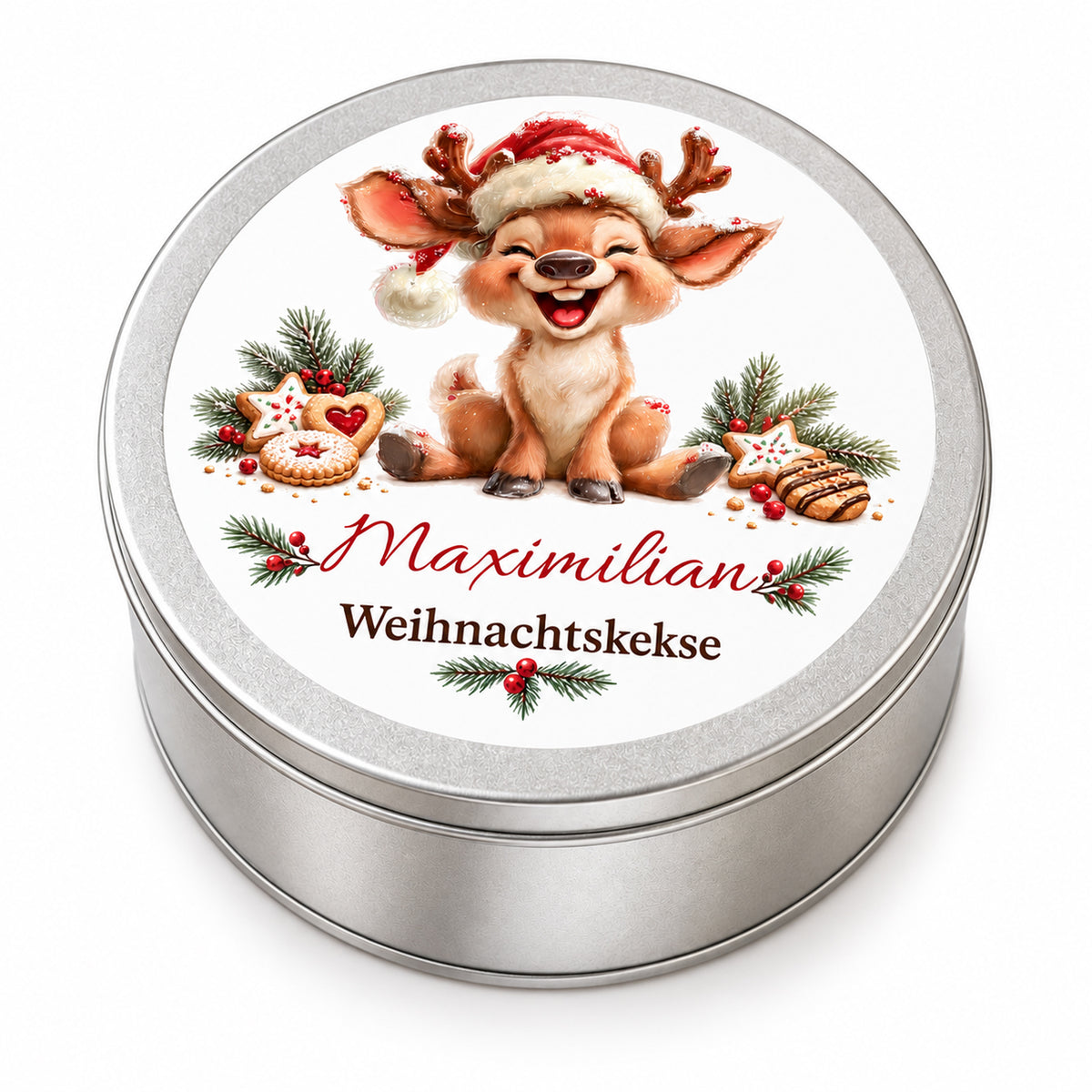 Geschlossene personalisierte Keksdose mit lachendem Rentier mit Weihnachtsmütze auf weißem Hintergrund.