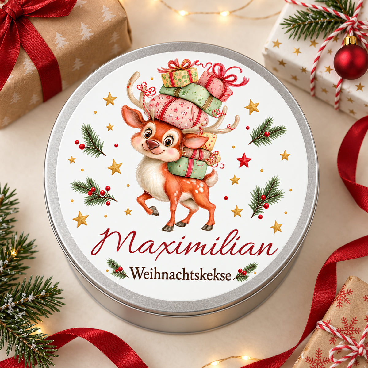 Draufsicht auf die Keksdose mit Rentier mit Geschenkestapel auf einem weihnachtlich gedeckten Tisch.